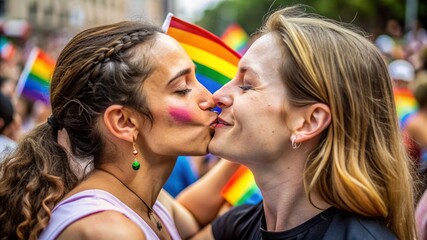 Fototapeta premium Close-up of proud lesbians kissing in a pride crowd