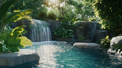 Tranquil Waterfall in a Lush Jungle Setting