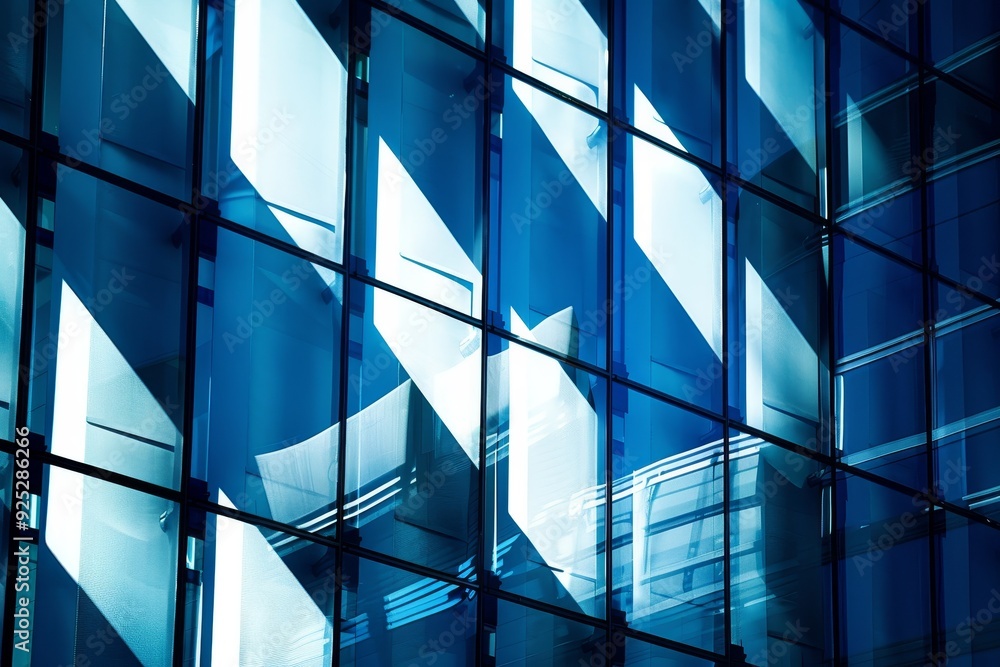 Poster a close-up view of a building covered with numerous windows, creating a pattern as they reflect the 