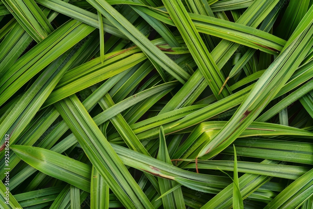 Poster detailed view of abundant green grass blades in tight cluster, patterns of blades of grass overlappi