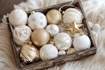 Holiday decorations arranged in a rustic wooden box on a soft white surface