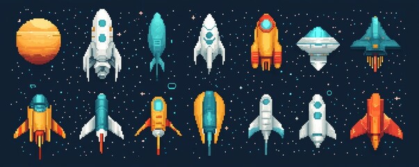 Colorful pixelated 8-bit spaceship sprites with a vibrant classic arcade feel, perfect for retro gaming themes