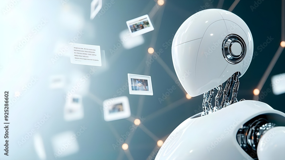 Poster a futuristic robot interacts with digital images in a high-tech environment, symbolizing innovation 