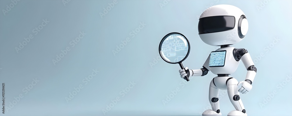 Poster a modern robot holding a magnifying glass, exploring and analyzing data in a futuristic environment.