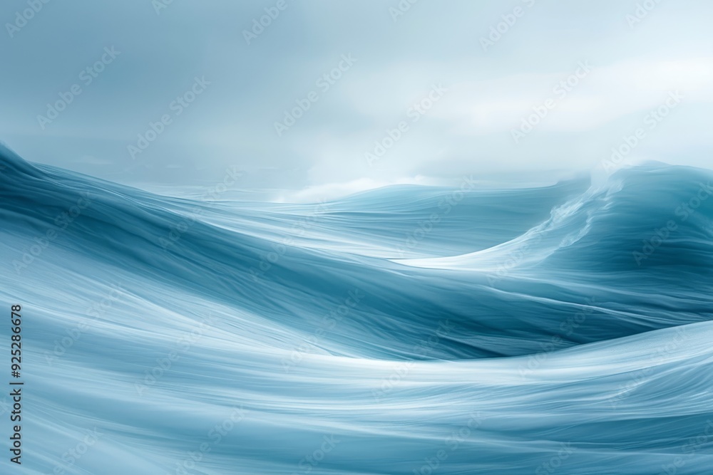 Poster a large wave with foam crashing in the ocean, creating a powerful splash, peaceful waves of powder b