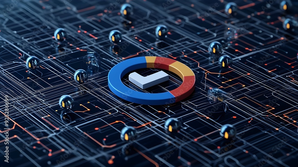 Poster a vibrant digital network featuring a colorful circular logo amidst circuit-like patterns.