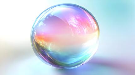 Obraz premium A colorful, iridescent bubble reflecting light and colors in a soft, abstract setting.