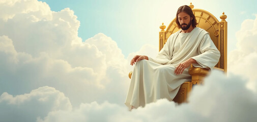vintage art Jesus Christ sitting on a throne in heaven, surrounded by white clouds, god judgment