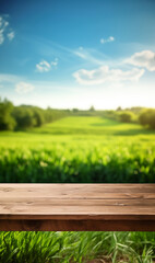 Wooden table on grass field under a sunny sky with natural surroundings, including trees and open space, evoking a summer or spring picnic atmosphere