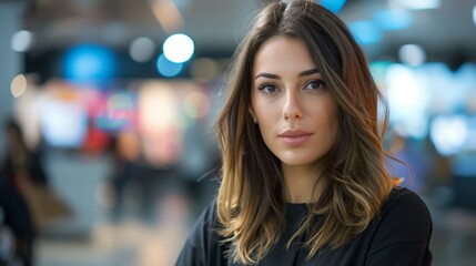 Obraz premium A confident woman standing at an airport terminal, smiling as she looks ahead, surrounded by modern ambiance and vibrant lights.