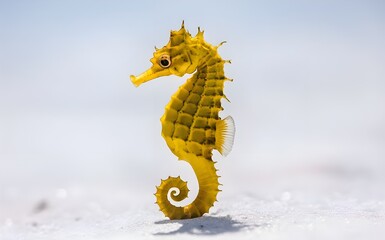 Naklejka premium Bright Yellow Seahorse with Intricate Tail and Expressive Eyes on White Background