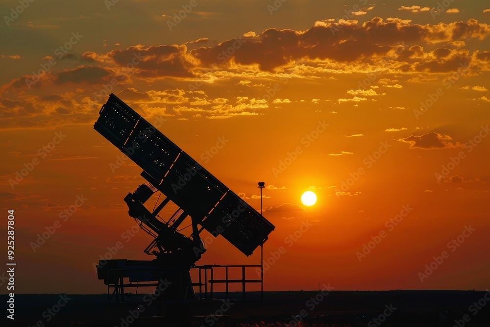 Poster the sun sets in the background as it casts a warm glow over a satellite dish, perform regular mainte