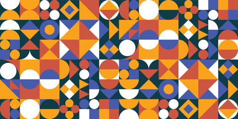 Bauhaus abstract geometric vector pattern. Neo geo horizontal background. Modern trendy square, triangle and circle shape banner.