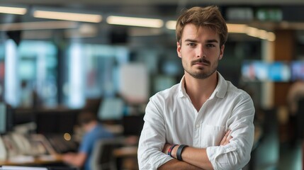 Fototapeta premium A young man standing confidently in an office environment with arms crossed, displaying determination and readiness for professional challenges.