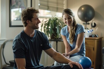 A physical therapist guiding a patient through exercises in a cozy living room setting, Physical therapist guiding a patient through exercises