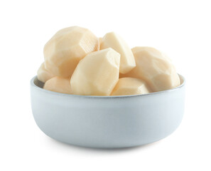 Fresh raw potatoes in bowl isolated on white