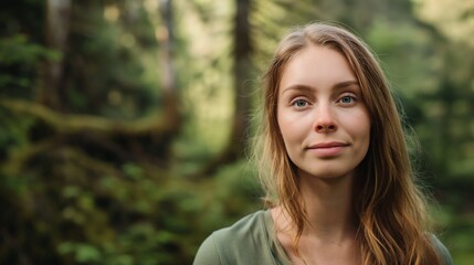 Naklejka premium A woman in a green top stands in a lush forest, looking content and serene, captured amid the greenery and natural landscape.