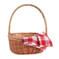 One picnic wicker basket with checkered napkin isolated on white