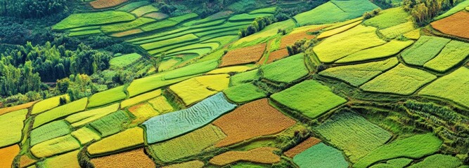 Obraz premium Aerial View of Varied Green and Yellow Rice Paddies on a Hillside