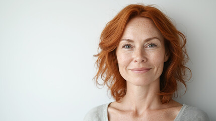 Radiant Redhead Woman with Freckles Smiling Gently on White Background
