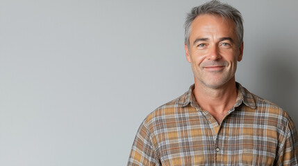 Obraz premium Confident Mature Man with Graying Hair Leaning Against Grey Background in Plaid Shirt