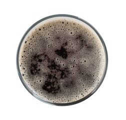 Glass mug of dark beer isolated on white, top view