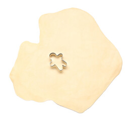 Raw dough and cookie cutter isolated on white, top view
