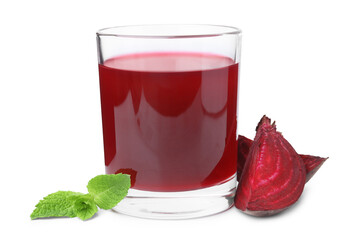 Fresh beet juice in glass, pieces of vegetable and mint isolated on white