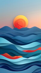 Fototapeta premium Colorful abstract landscape with layered mountains and sun at sunrise