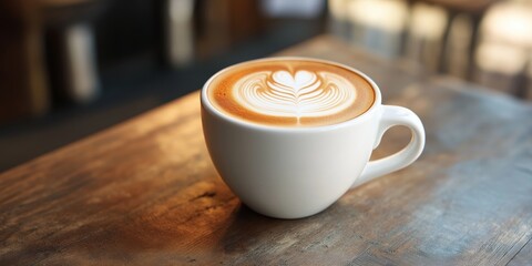 A close-up view of a white cup of coffee on a wooden table, featuring an intricate latte art design on top.