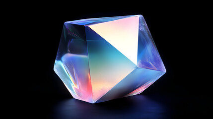 A colorful, translucent geometric crystal reflecting light against a dark background.