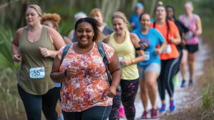 An inclusive group of female runners of different sizes participate in a marathon, showcasing diversity, fitness, and teamwork.