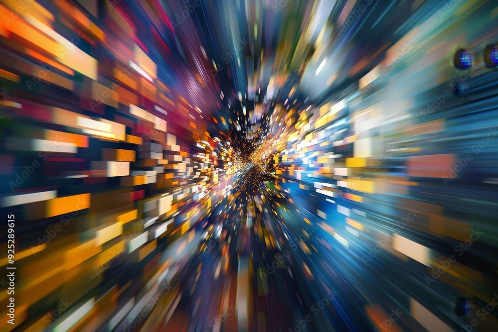 Poster dynamic interaction of vibrant lines and squares in abstract art, pixels merging and separating in a