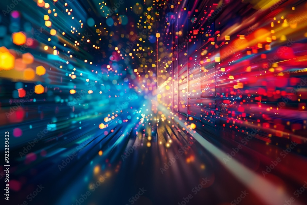 Poster colorful pixels merge and separate in a high-speed blur with bright lights, pixels merging and separ