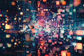 Cubes and lines in an abstract arrangement, showcasing pixelated fragments across the screen, Pixelated fragments scattered across the screen