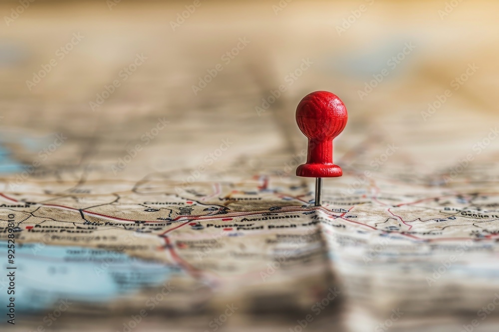 Poster a red push button positioned on a map, pinpointing a specific location with precision, planning for 