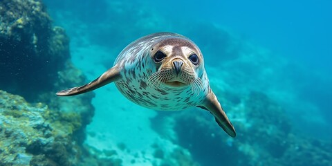 A seal swimming underwater in the clear blue ocean water, captured looking directly at the camera.