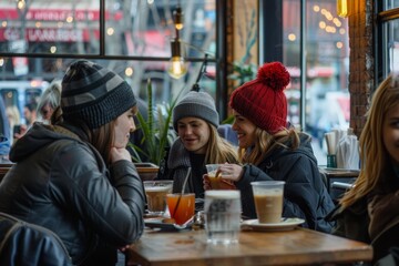 Friends engaging in playful banter at a bustling restaurant table, Playful banter between friends at a bustling cafe