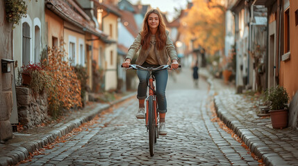 Naklejka premium Autumn Leisure: Young Woman Cycling Down Cobblestone Street