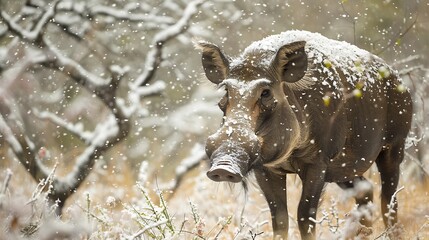 Common warthog during snowy conditions at the national area