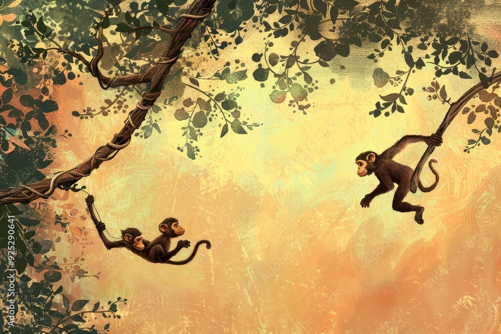 Poster playful monkeys hang from tree branches in a painting, playful monkeys swinging from tree to tree