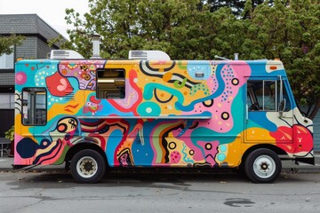 A vibrant food truck with playful shapes parked in a busy parking lot, Playful shapes of a whimsical food truck painted with colorful designs
