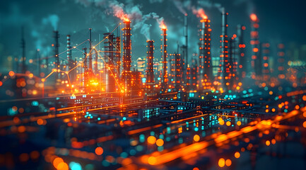 Industrial Cityscape at Night with Data Connections 3D Illustration