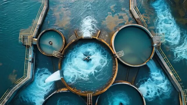 An overhead perspective of a contemporary water purification facility within an urban wastewater treatment center. The purification process involves eliminating unwanted chemicals, suspended particles