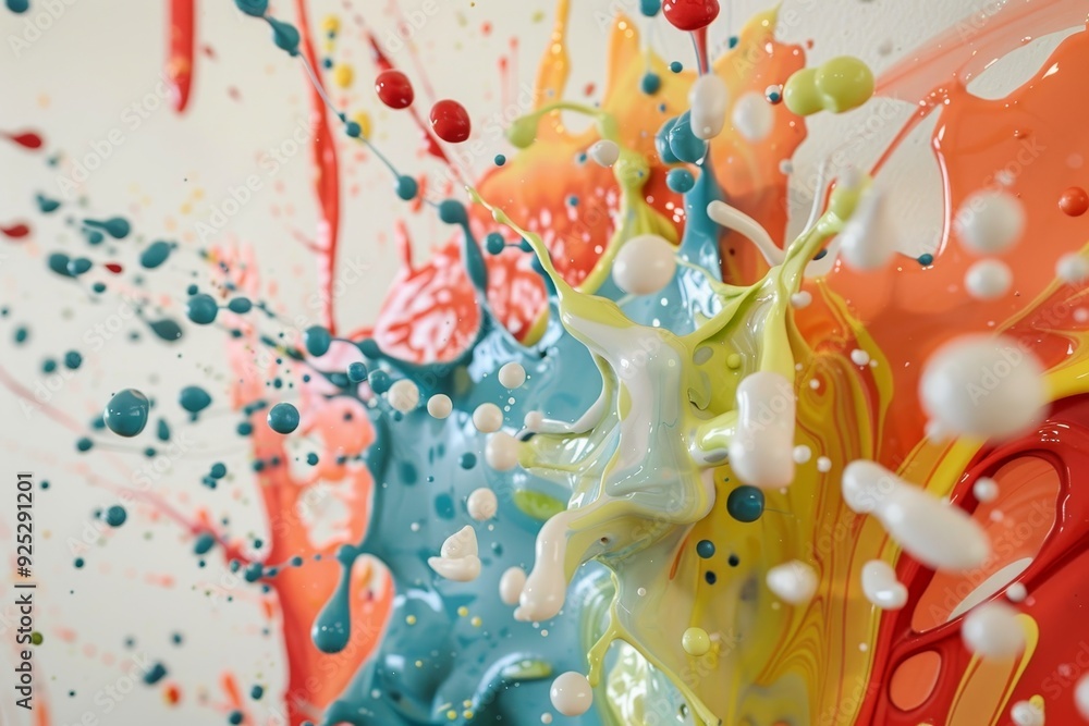 Poster detailed view of painting with colorful paint splatters creating a dynamic and engaging composition,