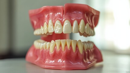Obraz premium A detailed dental model illustrating the anatomy of teeth and gums, used for educational purposes in a dental treatment setting