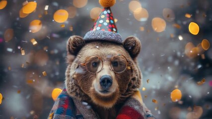 video of A bear adorned in a party hat and circular glasses, amidst lively decorations and confetti