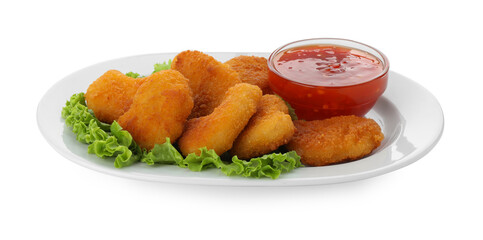 Tasty chicken nuggets with chili sauce and lettuce isolated on white
