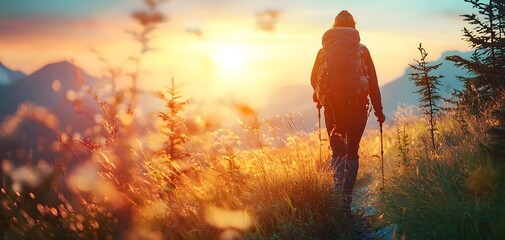 A solitary hiker embraces nature's beauty during a breathtaking sunset on a mountain trail.