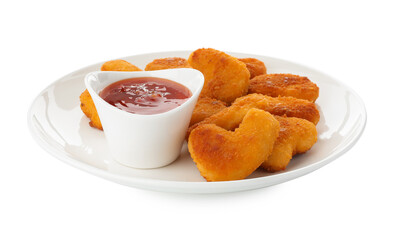 Tasty chicken nuggets with chili sauce isolated on white